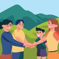 A group of people are shaking hands in front of the mountain vector