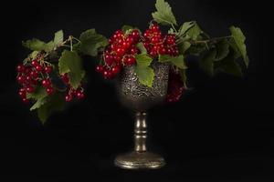 Red currant berries in a luxurious vintage glass on a dark background.Still life with berries in the style of the eighteenth century. photo