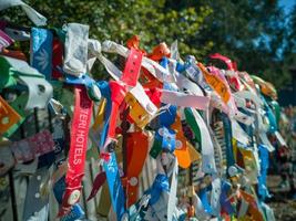 Bulgaria, Romania border, 19.10.2022. Plastic and rag bracelets with the names of hotels in resorts of Bulgaria, left as a souvenir by tourists leaving Bulgaria on the Romanian border photo