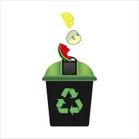 Recycling bin with green lid for waste products. Recycling symbol. Environmental Protection. Zero waste. White background. Vector illustration