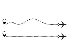 Airplane line path. Aircraft flying in the sky. Airplane flight route with line trace. Vector illustration