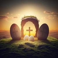 creciente encima el vacío tumba y Tres cruces de Pascua de Resurrección amanecer antecedentes foto