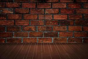 Wooden floor and brick wall photo