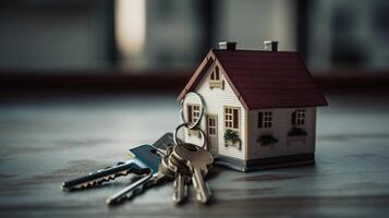 Miniature house with keys on wooden background. Real estate concept., artwork photo
