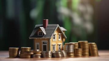 House model and coins stack on table with real estate concept , artwork photo