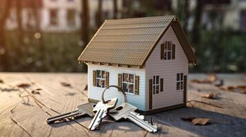 Miniature house with keys on wooden background. Real estate concept., artwork photo