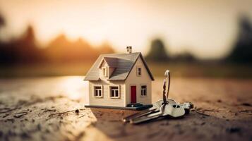 Miniature house with keys on wooden background. Real estate concept., ai generated artwork photo