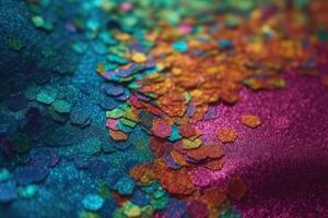 Photo realistic background texture of colourful glittering paper from above created with technology.