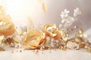 A beautiful wedding background with flowers and gold ornaments on a light background created with technology. photo