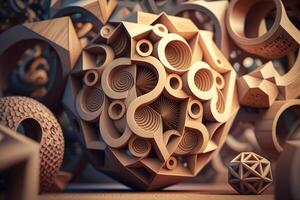 The beauty of mathematics - wooden geometric shapes created with technology. photo