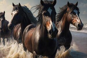 Wild horses galloping through the water on the beach, close-up, created with technology. photo