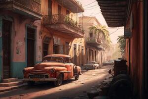 un calle en un pueblo en un cubano Mira con un lote de antiguo oxidado carros y No personas creado con generativo ai tecnología. foto
