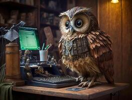 A steampunk owl works very diligently with a computer at a desk made of old wood created with technology. photo