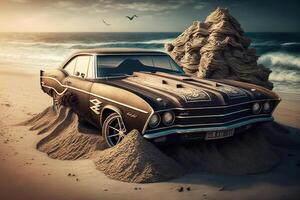 A fast muscle car churns up sand in a desert created with technology. photo