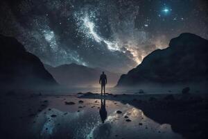 A lone person looks up at the stars of the Galaxy at night created with technology. photo