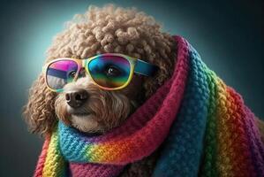 A cute poodle with a scarf in rule sheet colours and sunglasses created with technology. photo