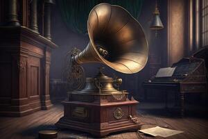 An old vintage gramophone in steampunk style stands in an almost empty room, some light falls through the window. Created with technology. photo