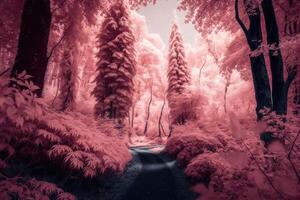 Beautiful pink infrared view into a forest with misty light created with technology. photo