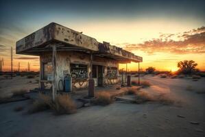 An old abandoned petrol station on a road in the desert created with technology. photo