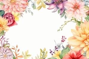 Floral frame decor in colorful watercolors on a white background created with technology. photo
