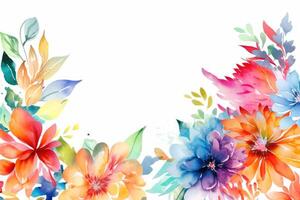 Floral frame decor in colorful watercolors on a white background created with technology. photo
