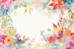 Floral frame decor in colorful watercolors on a white background created with technology. photo