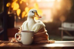 A white duck wearing a scarf and having a coffee created with technology. photo