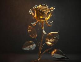 A long-stemmed rose with golden petals against a dark background created with technology. photo