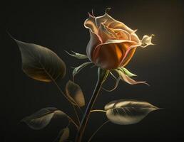A long-stemmed rose with golden petals against a dark background created with technology. photo