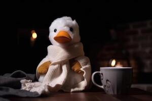 A white duck wearing a scarf and having a coffee created with technology. photo