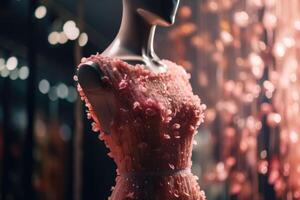 An innovative Elegant Dress made of candyfloss on a Mannequin with soft bokeh lights created with technology. photo