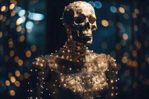 An innovative and elegant dress made of bones and skulls on a Mannequin with soft bokeh lights created with technology. photo