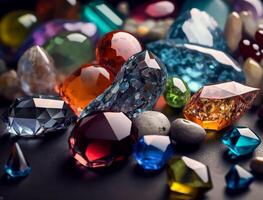 Many different coloured gemstones on a dark table created with technology. photo