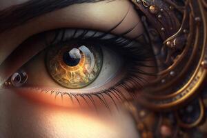 Close up of a female eye in steampunk style created with technology. photo