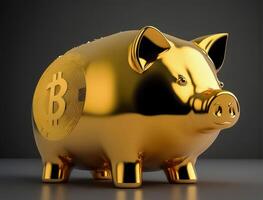 A piggy bank made of gold with some cryptocurrency logo created with technology. photo