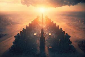 Metropolis after the apocalypse from a birds eye view sunset created with technology. photo