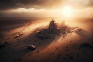 Metropolis after the apocalypse from a birds eye view sunset created with technology. photo