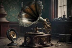 An old vintage gramophone in steampunk style stands in an almost empty room, some light falls through the window. Created with technology. photo