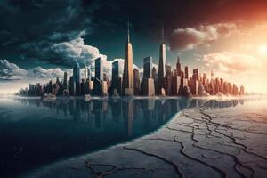 Climate change in front of athe skyline of a futuristic city created with technology. photo