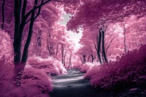 Beautiful pink infrared view into a forest with misty light created with technology. photo