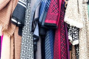 View on samples of cloth and fabrics in different colors found at a german fabrics market. photo