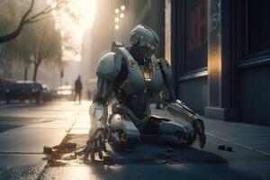 A homeless AI robot sitting on a street corner begging for a few coins created with technology. photo