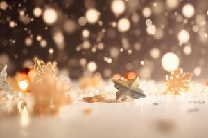 un hermosa Navidad antecedentes con estrellas y copos de nieve y suave bokeh luces en un ligero antecedentes creado con generativo ai tecnología. foto