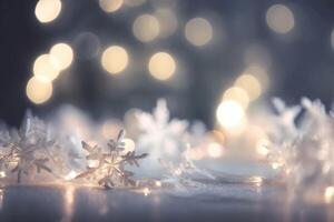 A beautiful christmas background with stars and snowflakes and soft bokeh lights on a light background created with technology. photo