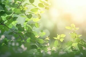 un hermosa primavera antecedentes con hojas y pequeño flores en un ligero antecedentes creado con generativo ai tecnología. foto