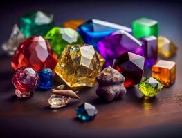 Many different coloured gemstones on a dark table created with technology. photo