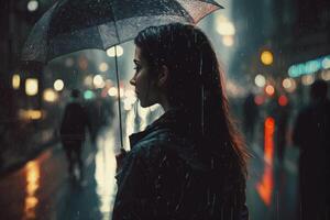 un joven mujer con un paraguas camina en un moderno ciudad a noche y pesado lluvia creado con generativo ai tecnología. foto