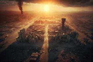 metrópoli después el apocalipsis desde un aves ojo ver puesta de sol creado con generativo ai tecnología. foto
