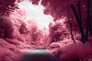 Beautiful pink infrared view into a forest with misty light created with technology. photo