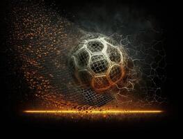 A football made of fire flies towards a football goal created with technology. photo